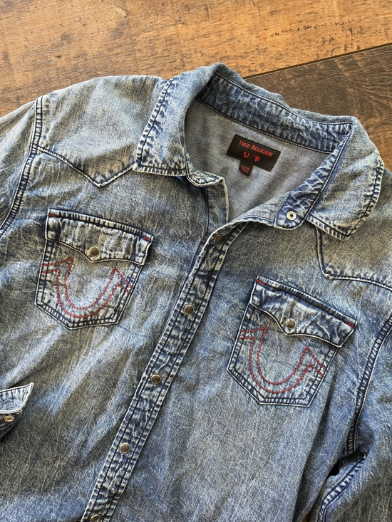 True Religion Other - True Religion Denim Button Up Shirt Mens Western Snap Front Red Stitch Size XL